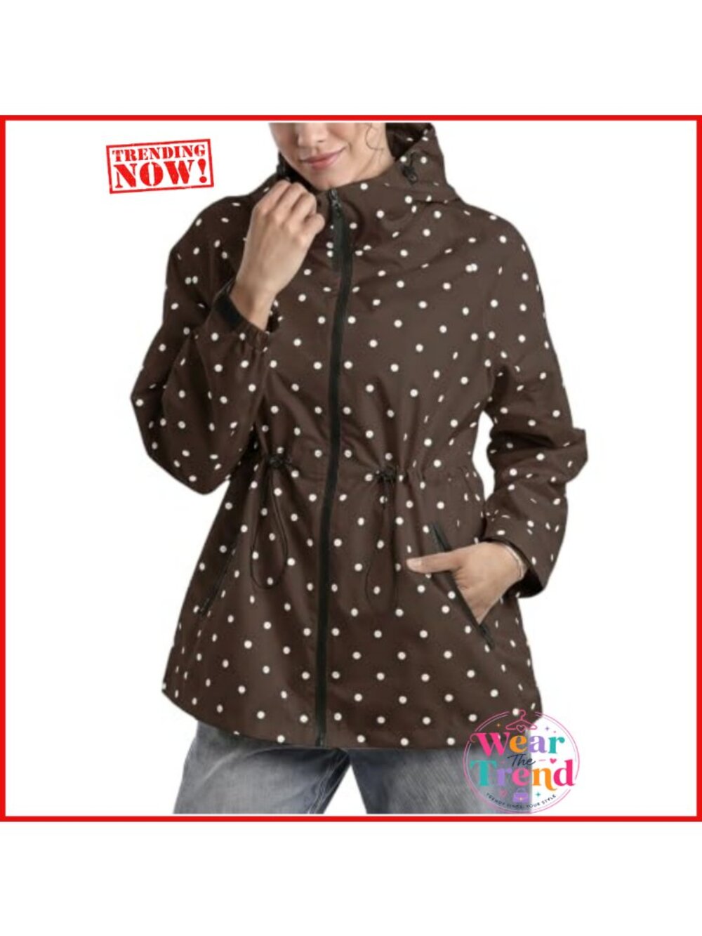 Polka Dot Rain Jacket Hooded Zip Up High Neck Lightweight Raincoat